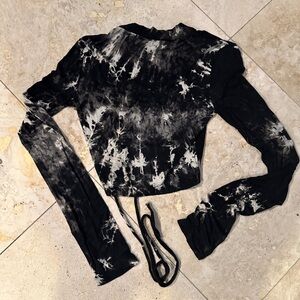 Dolls Kill Capsulle Tie Dye Long Sleeve Cropped Top Black and Yellow Cream Small